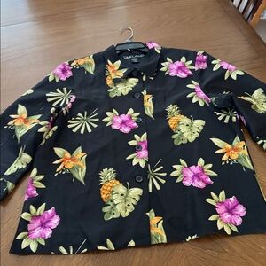 Silkland 100% Silk Pineapple Palm Tropical Flower Hibiscus Blazer Jacket size 16